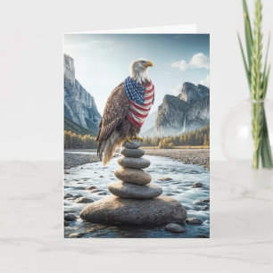 Bald Eagle On Cairn With American Flag  Card