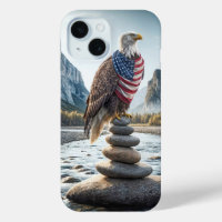 Bald Eagle On Cairn With American Flag 