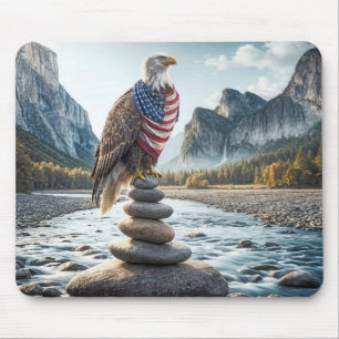 Bald Eagle On Cairn With American Flag  Mouse Pad