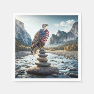 Bald Eagle On Cairn With American Flag Napkin