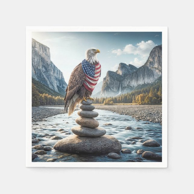 Bald Eagle On Cairn With American Flag  Napkin (Front)
