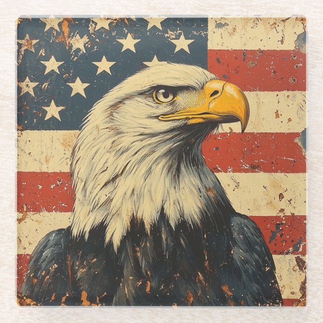 Bald Eagle Over American Flag Glass Coaster (Front)