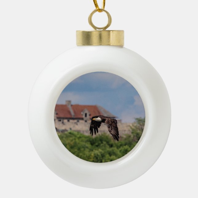 Bald Eagle passing Fort Ticonderoga Ceramic Ball Christmas Ornament (Front)