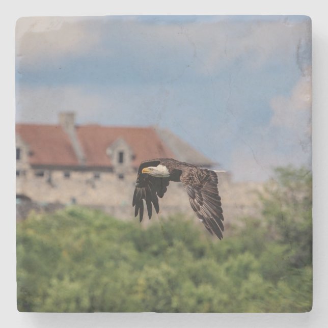 Bald Eagle passing Fort Ticonderoga Stone Coaster (Front)