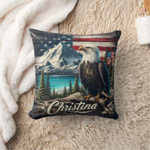 Bald Eagle Perched Amidst Mountain Landscape Cushion