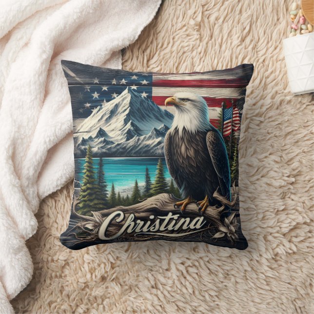 Bald Eagle Perched Amidst Mountain Landscape Cushion (Blanket)