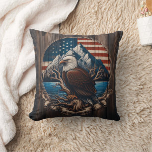 Bald Eagle Perched by Mountain and American Flag Cushion
