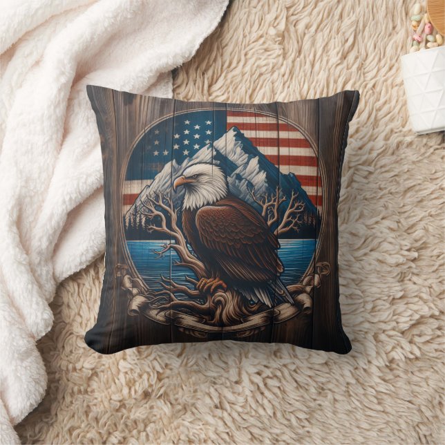Bald Eagle Perched by Mountain and American Flag Cushion (Blanket)