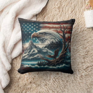 Bald Eagle Perched by Mountain and American Flag Cushion