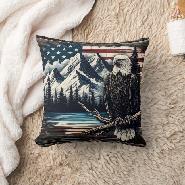 Bald Eagle Perched by Mountain Lake With Flag Cushion (Blanket)