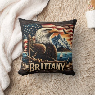 Bald Eagle Perched by Mountains and American Flag Cushion