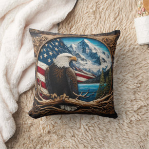 Bald Eagle Perched by Mountains and American Flag Cushion