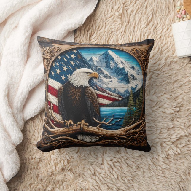 Bald Eagle Perched by Mountains and American Flag Cushion (Blanket)