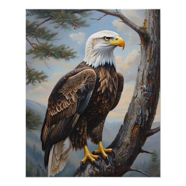 Bald Eagle Perched On A Tree Oil Painting Art Poster (Front)