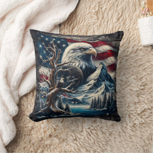 Bald Eagle Perched on Branch by Mountains and Flag Cushion