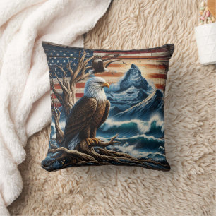 Bald Eagle Perched on Branch Near Mountains Cushion