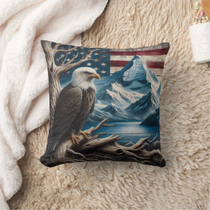 Bald Eagle Perched With American Flag Backdrop Cushion