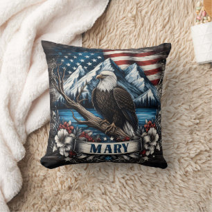 Bald Eagle Perched With American Flag Background Cushion