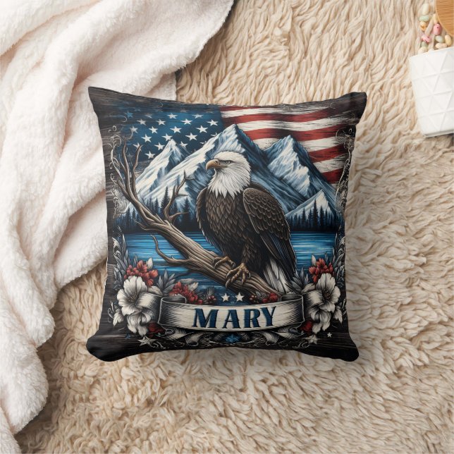 Bald Eagle Perched With American Flag Background Cushion (Blanket)