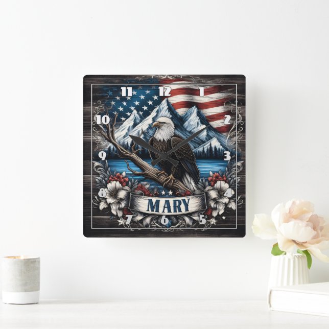 Bald Eagle Perched With American Flag Background Square Wall Clock (Home)