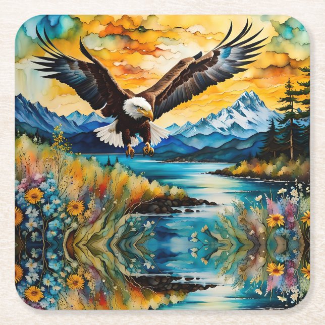 Bald Eagle river wildflowers at sunset  Square Paper Coaster (Front)