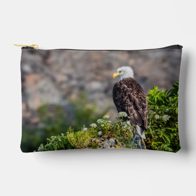 Bald eagle sitting on the rock accessory pouch (Front)