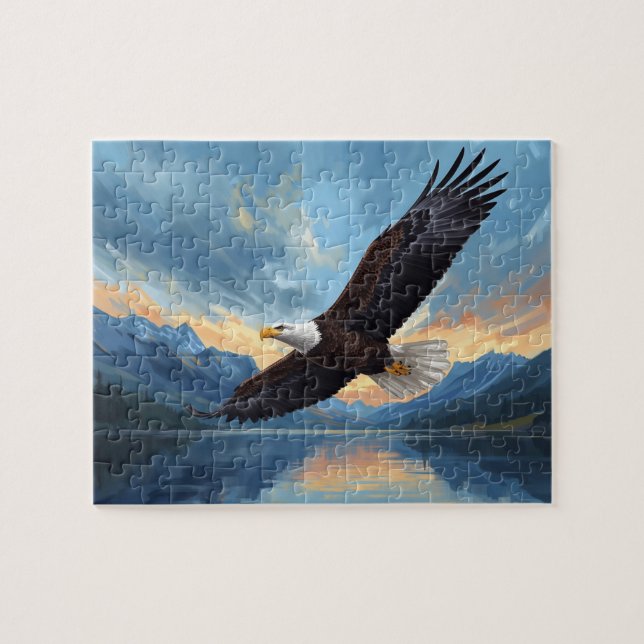 Bald Eagle Soaring Mountain Lake Sunset Art Jigsaw Puzzle (Horizontal)