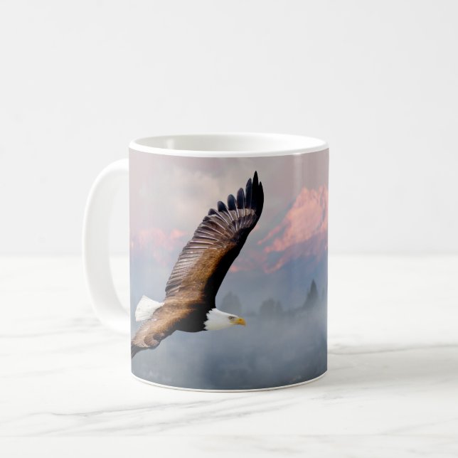 Bald Eagle Soaring over Olympic Mountains Wildlife Coffee Mug (Front Left)