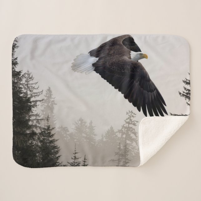 Bald Eagle Soaring Through Mist Sherpa Blanket (Front (Horizontal))