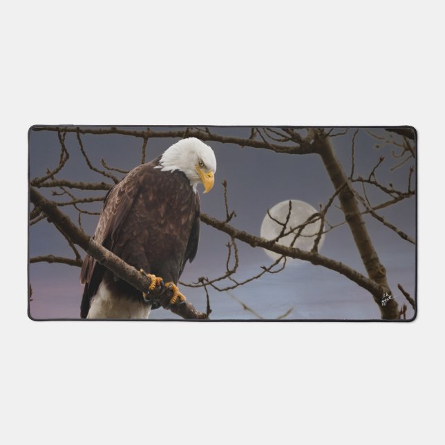 Bald Eagle Under Full Moon at Sunset Desk Mat (Front)