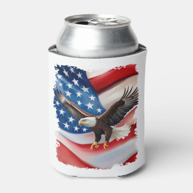 Bald Eagle & US Flag 4th Of July Can Cooler (Can Front)