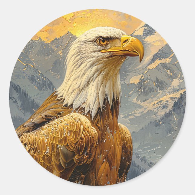 Bald Eagle Watercolor Mountains Classic Round Sticker (Front)