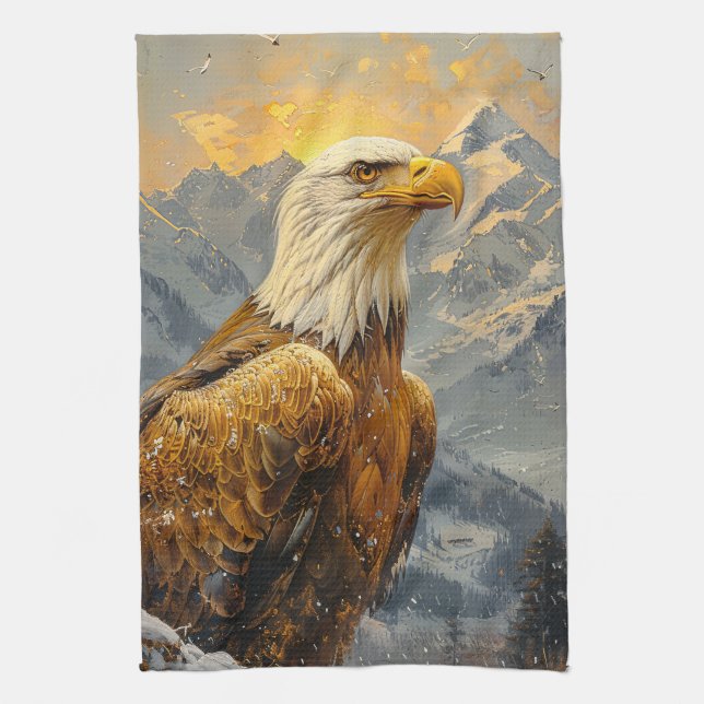Bald Eagle Watercolor Mountains Tea Towel (Vertical)