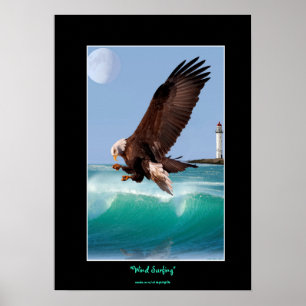 Bald Eagle, Waves & Lighthouse Art Poster