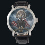 Bald Eagle Wearing an American Flag Cape Watch<br><div class="desc">A bald eagle is perched on a tree branch during a thunderstorm,  wearing an American flag and a Native American feather headdress.</div>