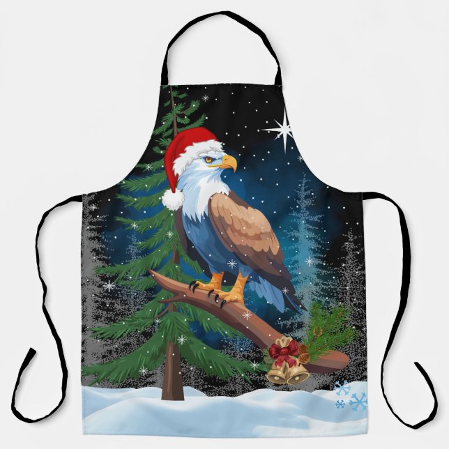 Bald Eagle Wearing Santa Hat Winter Scene Holiday Apron (Front)