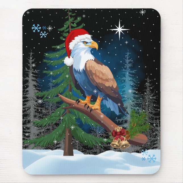 Bald Eagle Wearing Santa Hat Winter Scene Holiday Mouse Pad (Front)