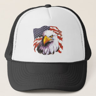 Bald Eagle With A Tear - USA Flag In Background Trucker Hat