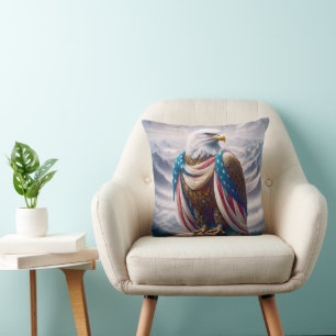 Bald Eagle with a Tear Wearing American Flag Cushion