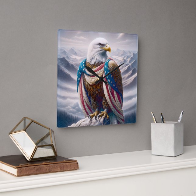 Bald Eagle with a Tear Wearing American Flag Square Wall Clock (Office)