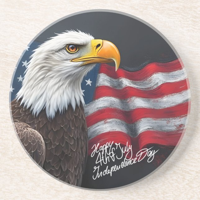 Bald Eagle with American Flag 4th of July Art Coaster (Front)