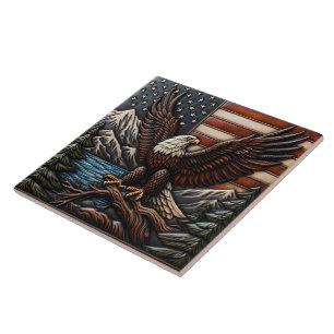 Bald Eagle With American Flag and Mountains Ceramic Tile