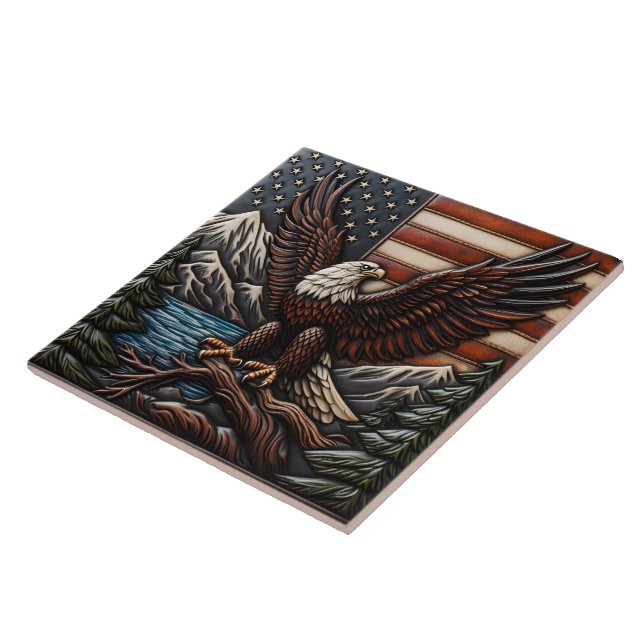 Bald Eagle With American Flag and Mountains Ceramic Tile (Side)