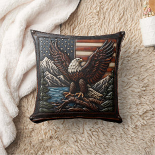 Bald Eagle With American Flag and Mountains Cushion