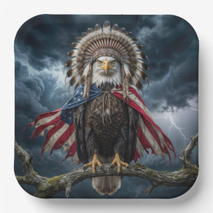 Bald Eagle With American Flag Cape and Headdress Paper Plate