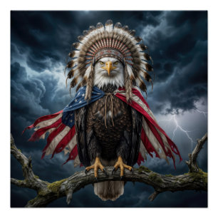 Bald Eagle With American Flag Cape and Headdress Poster