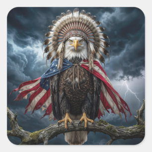 Bald Eagle With American Flag Cape and Headdress Square Sticker