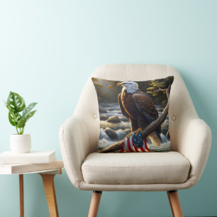 Bald Eagle With American Flag On a Branch Cushion