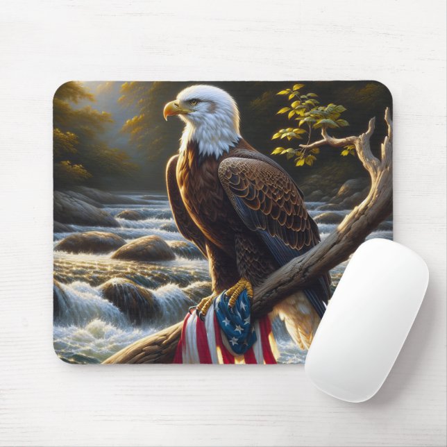 Bald Eagle With American Flag On a Branch Mouse Pad (With Mouse)