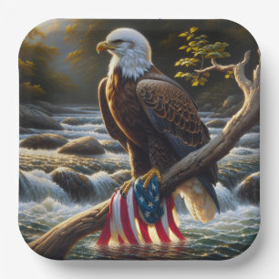 Bald Eagle With American Flag On a Branch Paper Plate